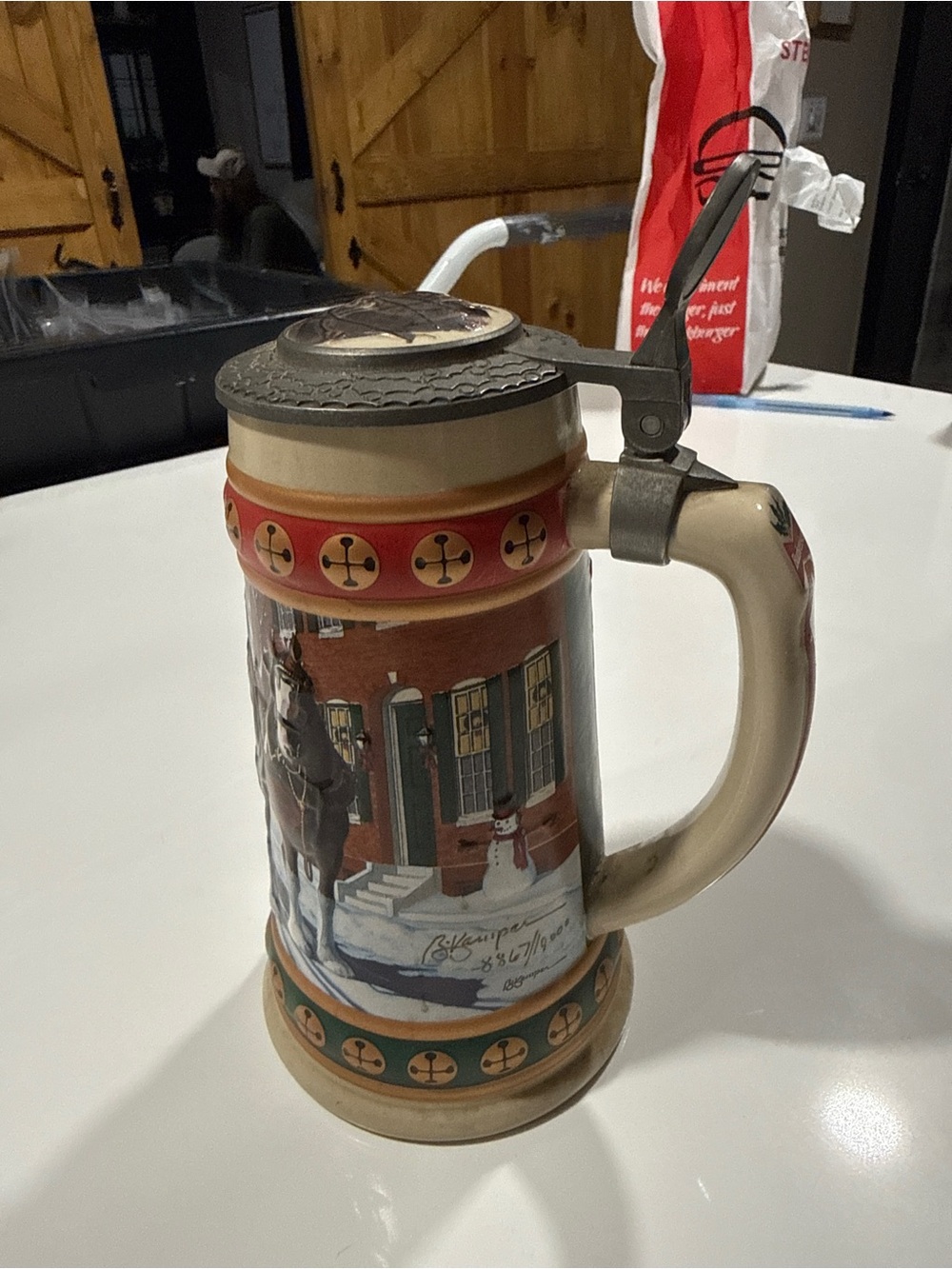 Budweiser Ceramic Holiday Stein with Red, Green, Gold Accents